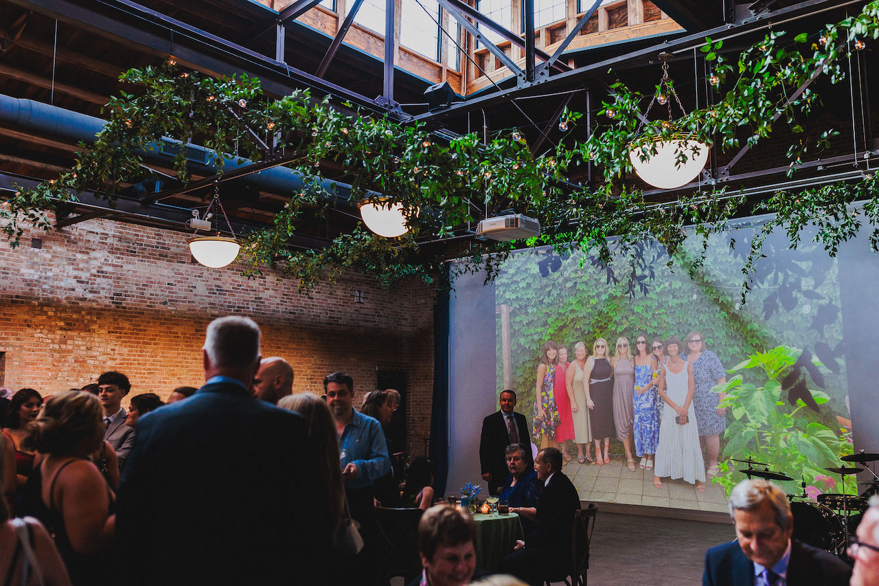 Greenery outlines and highlights the media wall. 