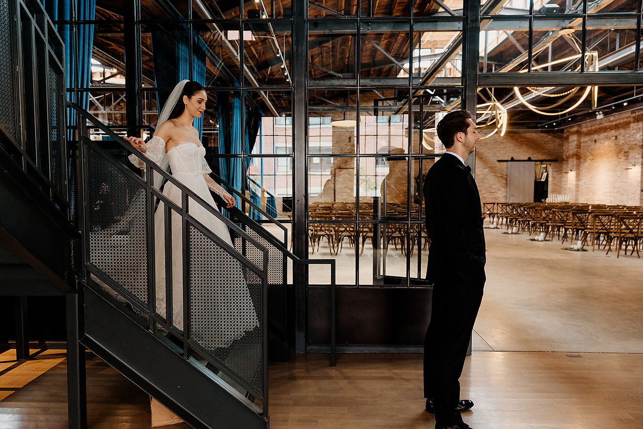 First look at industrial loft wedding ceremony
