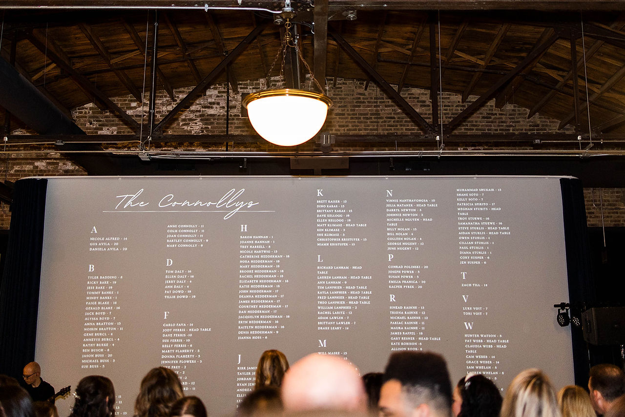Seating chart displayed on projection screen at Wildman BT.