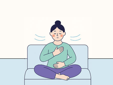a women siting on the sofa. take a deep breathing.