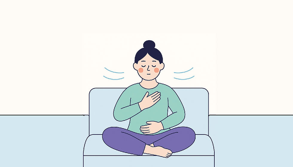 a women siting on the sofa. take a deep breathing.