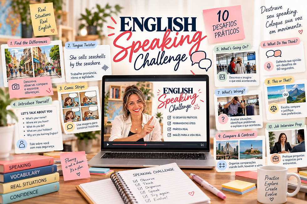 Mockup do workshop English Speaking Challenge, da Paper N’ Plan, com notebook, materiais de estudo e cartões ilustrados que representam atividades de speaking, pronúncia, descrição de imagens, expressão de opiniões, comparação e preparação para entrevistas em inglês. A proposta é desenvolver a comunicação oral por meio de 10 desafios práticos.
