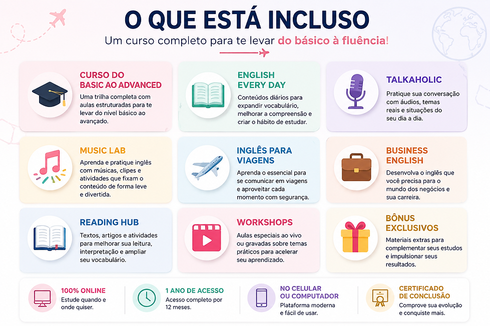 Professora Thiciana Nogueira apresentando o English On Demand, curso de Inglês online da Paper N' Plan, destacando os principais benefícios: estudo no próprio ritmo, acesso 100% online, 1 ano de acesso, Método PLAN e jornada completa do Basic ao Advanced.