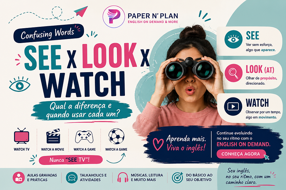 Infográfico educativo da Paper N’ Plan sobre a diferença entre os verbos SEE, LOOK (AT) e WATCH em inglês, com exemplos de uso e destaque para “WATCH TV”, “WATCH A MOVIE” e “WATCH A GAME”. A imagem também apresenta uma chamada para conhecer o curso English On Demand.