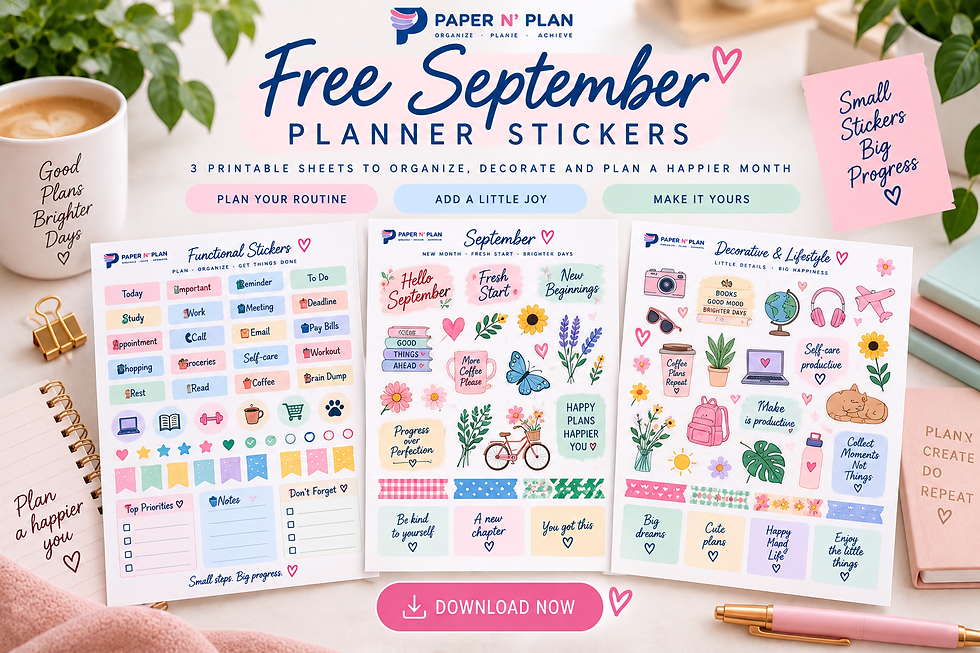 Free September planner stickers in three printable sheets with functional, seasonal, decorative and lifestyle stickers