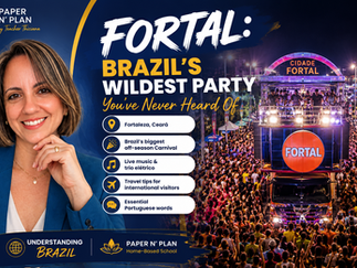 Teacher Thiciana introducing Fortal, Brazil's biggest off-season Carnival in Fortaleza, featuring a trio elétrico, thousands of revelers, and key travel information for international visitors.