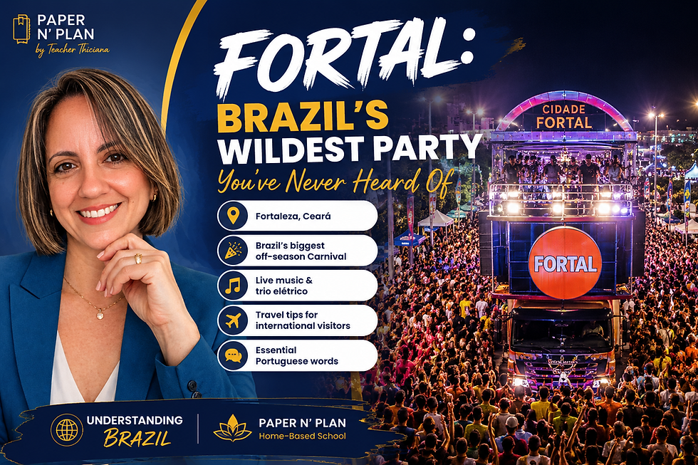 Teacher Thiciana introducing Fortal, Brazil's biggest off-season Carnival in Fortaleza, featuring a trio elétrico, thousands of revelers, and key travel information for international visitors.