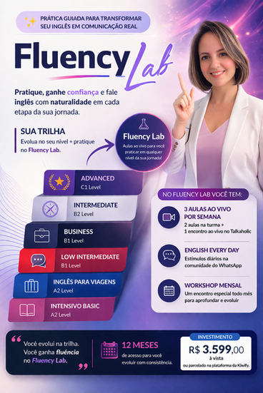 Banner da Fluency Lab, programa de aulas ao vivo da Paper N' Plan para praticar inglês em diferentes níveis, com encontros semanais, English Every Day e workshops mensais.