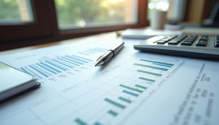 Eye-level view of a desk with financial planning documents and calculator