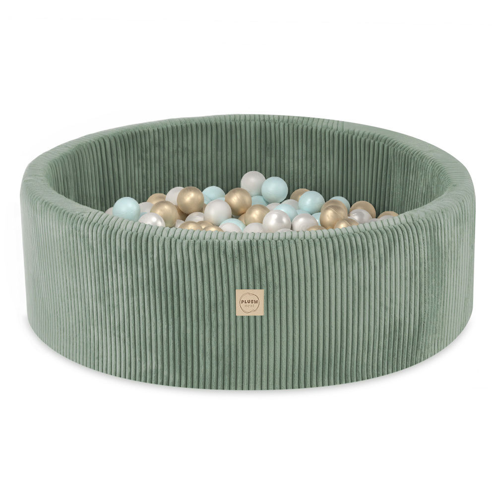 PLUSH NEST apaļš bērnu bumbu baseins - velveta zaļš, bumbas: pērļu, zaļš, zelta