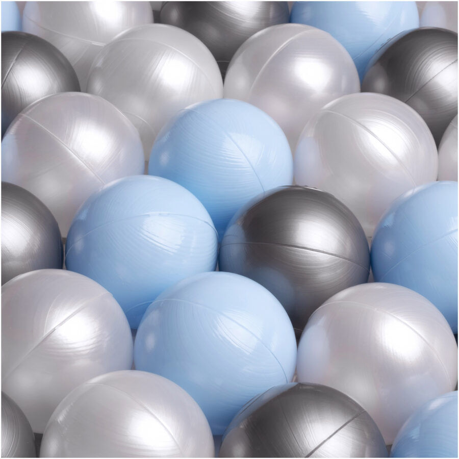 Sīktēls: PLUSH NEST bērnu bumbu baseins - velveta pelēks, 200 bumbas:(pērļu,sudraba,zila)