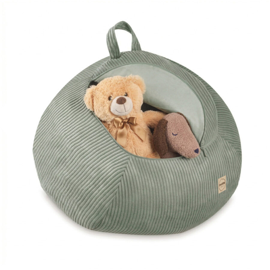 PLUSH NEST rotaļlietu uzglabāšanas maiss, bērnu pufs, zaļš, premium velvets