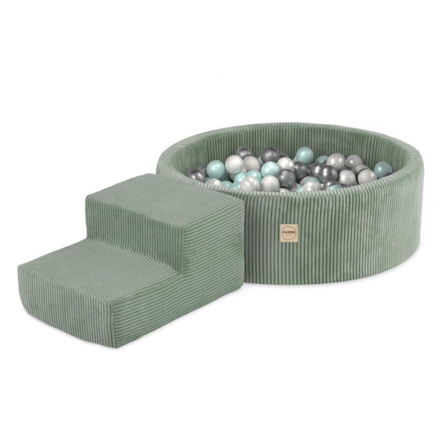 PLUSH NEST Bērnu Mīksto kluču komplekts–sausais baseins+pakāpiens,zaļš,velvets