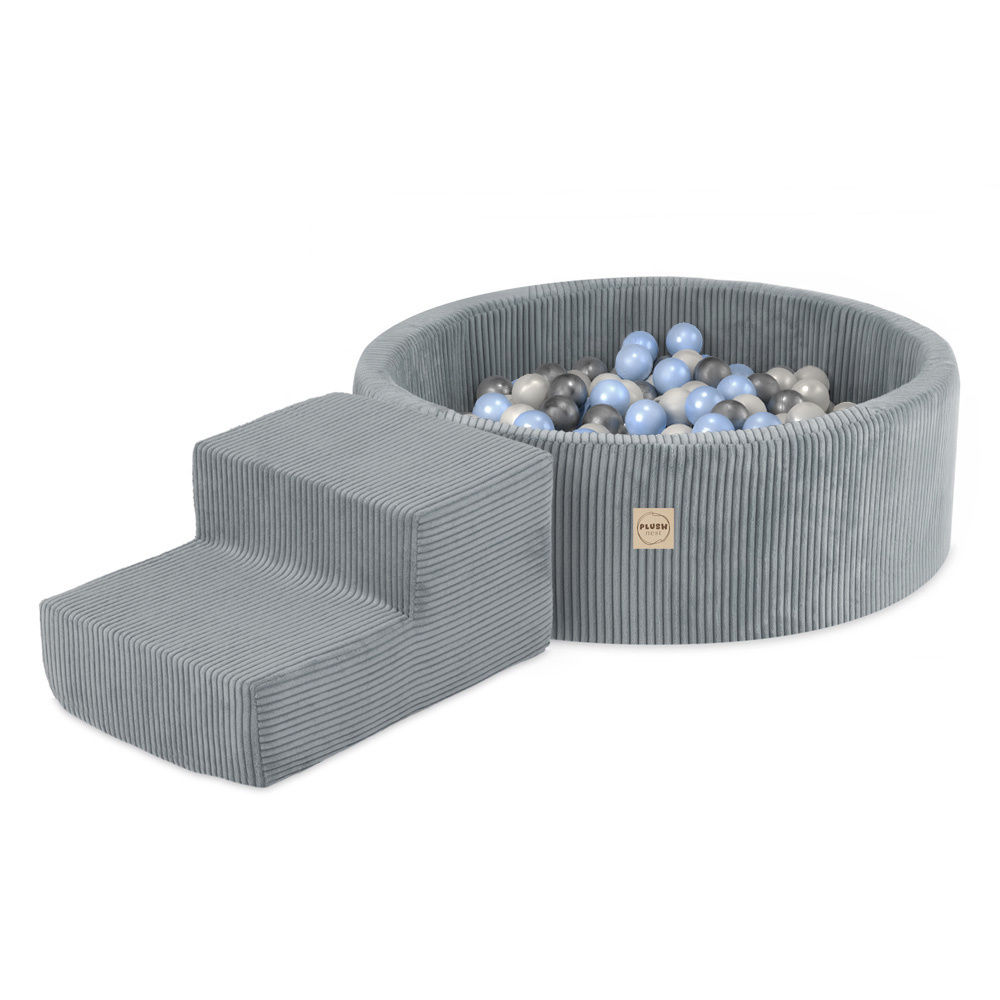 PLUSH NEST Playground Dry pool 90×30 + step (+200 balls: pearl, silver, light blue), grey, premium corduroy