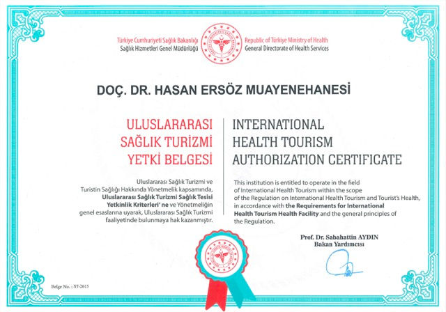 Doc.Dr.Hasan Ersöz Uluslararası Sağlık Turizmi Yetki Belgesi