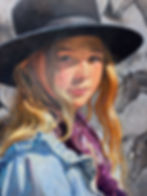 teen wearing black hat portrait with horses in the background art cavnas painting on display at the prairie arts center in north platte nebraska
