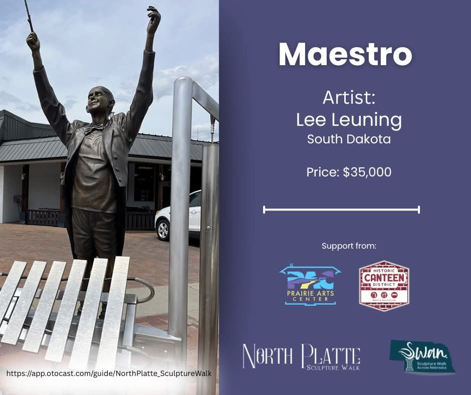 maestro outdoor sculpture by lee leuning and sherri treeby on the north platte sculpture walk located by the espresso shop in downtown north platte sponsored by the prairie arts center