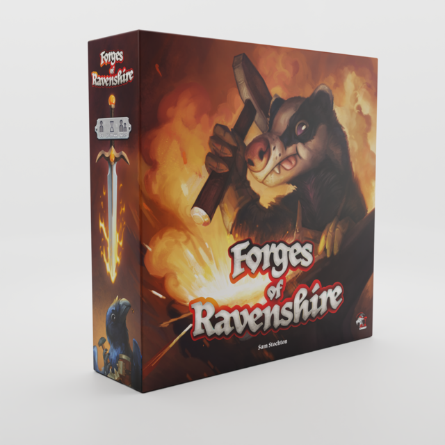 The Forges of Reavenshire game box. It features a cartoon blacksmith badger holding a hammer. Image courtesy of B.A. Games