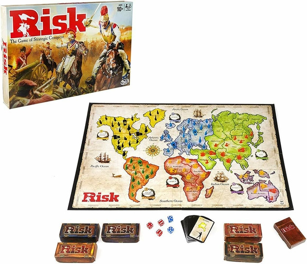 Image of the Risk board game including the box and components