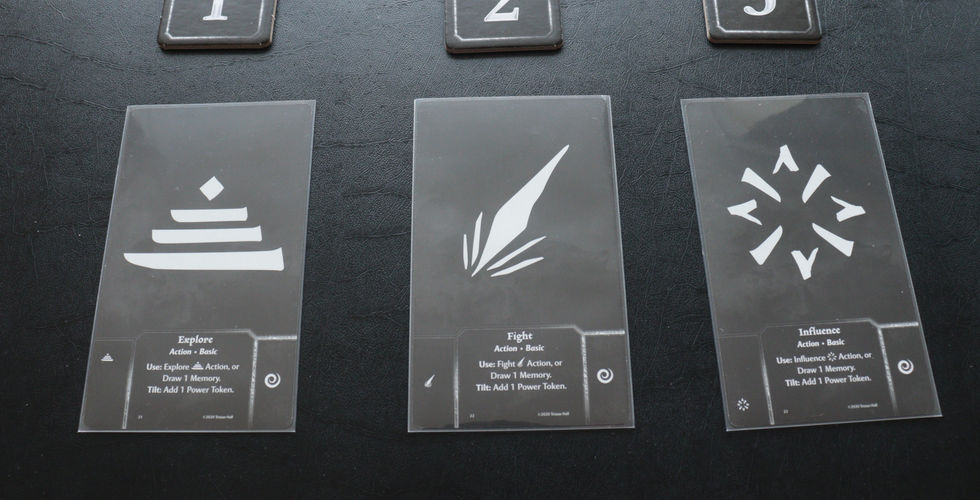 The Action cards from the game Veilwraith. Left to right: Explore, Fight and Influence
