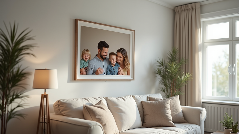 Eye-level view of a custom-sized picture frame showcasing a family portrait on a living room wall
