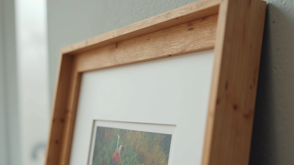 Close-up view of a custom wooden frame with matting around a painting