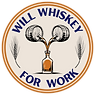 Will Whiskey For Work Logo, two barrels pouring into a bottle. 