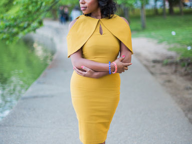 VINTAGE DREA MUSTARD DRESS WITH BLUE SUEDE LASER CUTOUT SANDALS | FASHION FRIDAY FEATURE