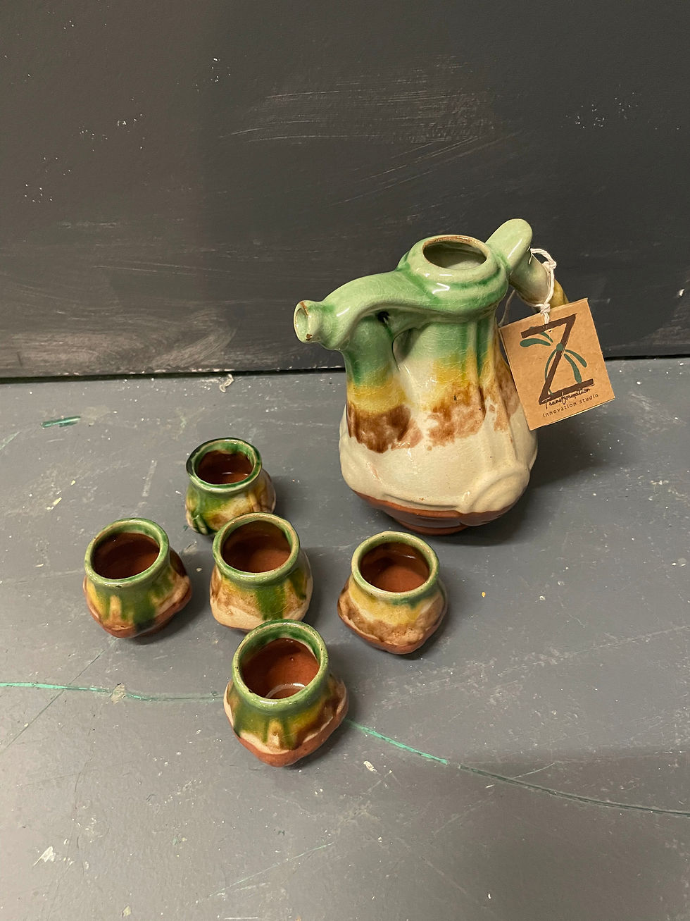 Thumbnail: Vintage Pottery Ceramic Tea Pot with 5 Mini Cups