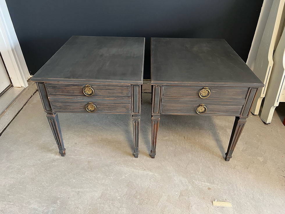Thumbnail: Pair of Upcycled Midcentury Modern Side Tables with Brass Drawer Pulls