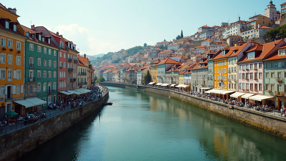 Eye-level view of colourful Ribeira district buildings along the Douro River