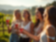 Group of friends toasting with glasses of Okanagan white wine during a Naramata Bench wine tour in a lush vineyard setting.
