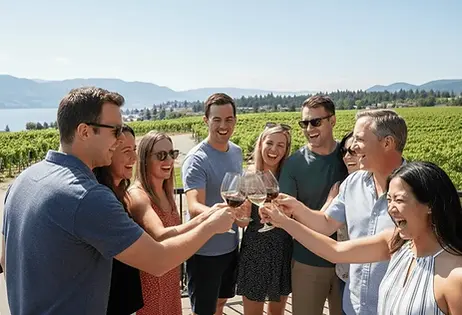 A social group of friends enjoying a wine tasting and laughing together at a picturesque Kelowna winery.