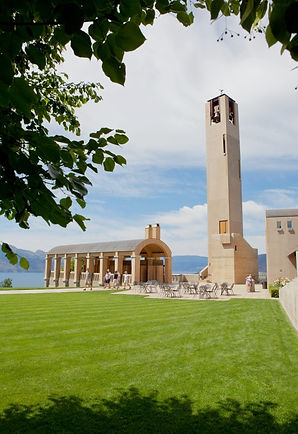 Mission Hill bell tower from acrosss the courtyard
