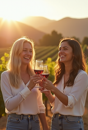 Two-friends-laughing-and-clinking-wine-glasses-in-a-sunlit-vineyard-with-rolling-hills-beh