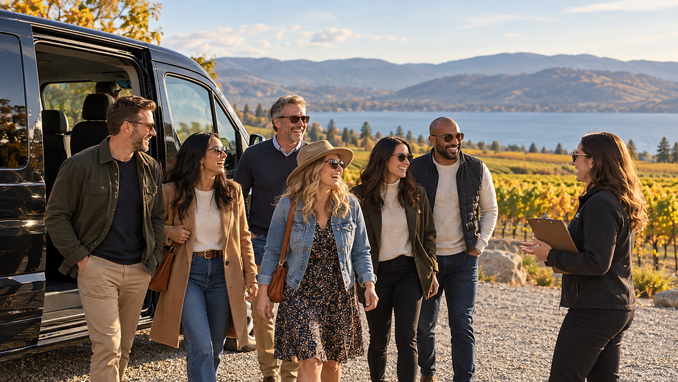Friends beginning a private Kelowna wine tour beside a black passenger van overlooking Okanagan vineyards and lake