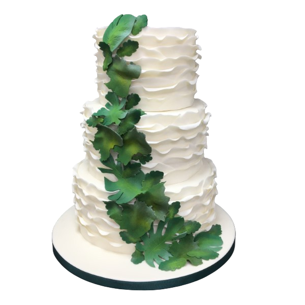 Three-tiered wedding cake with sugar paste, adorned with cascading green leaves.