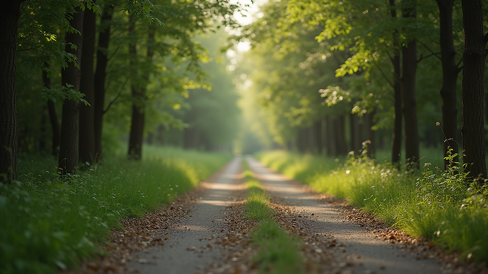 Eye-level view of a serene nature path surrounded by trees