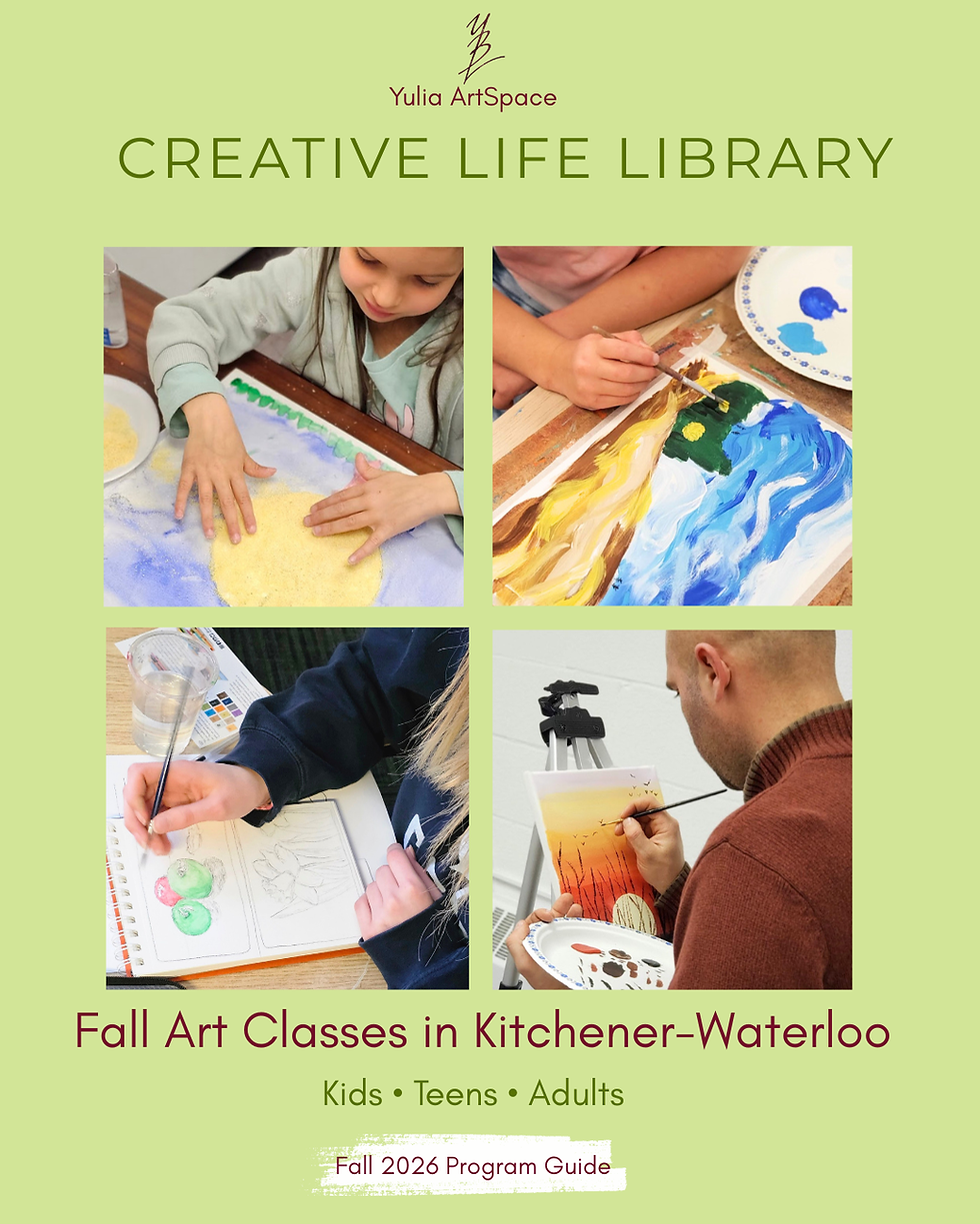 Collage of children, teens, and adults creating art at Yulia ArtSpace, featured on the cover of the Creative Life Library Fall 2026 Program Guide.