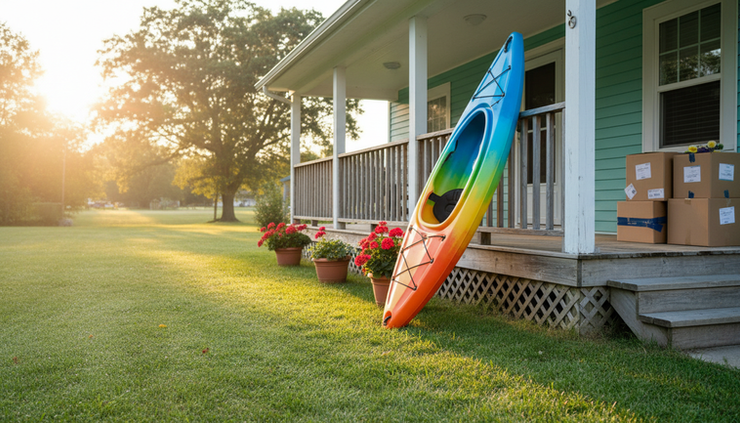 Wide-angle view of a colorful kayak resting beside a sunny rental home porch.
