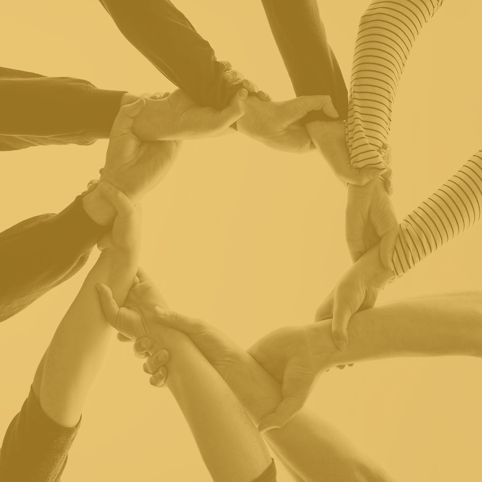 Diverse team members joining hands in a circle, representing collaboration, shared accountability, and collective momentum