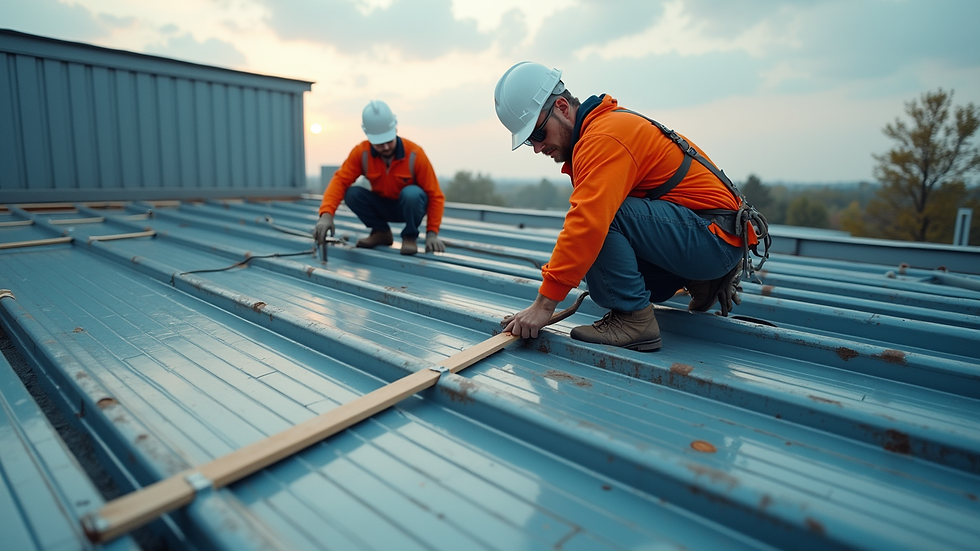 High angle view of a commercial roofing crew installing metal roofing panels