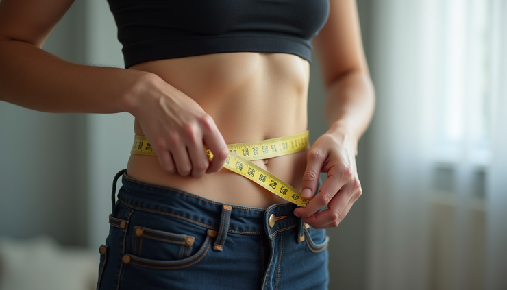 Eye-level view of a person measuring their waist with a tape measure