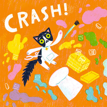 illustration of a tuxedo cat in a painting smock with a panicked expression flying through the air, surrounded by pots of paint and other art supplies that are also flying through the air. A sound effect reads, "CRASH!"
