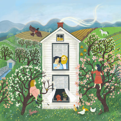 illustration of a white house with a family and pets visible through the windows, with two girls in trees on either side of the house