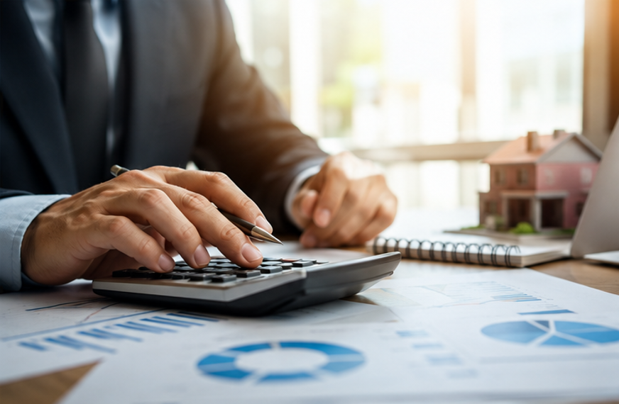 Businessman at desk using a calculator