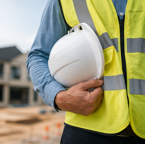 Contractor holding his hard hat on a site