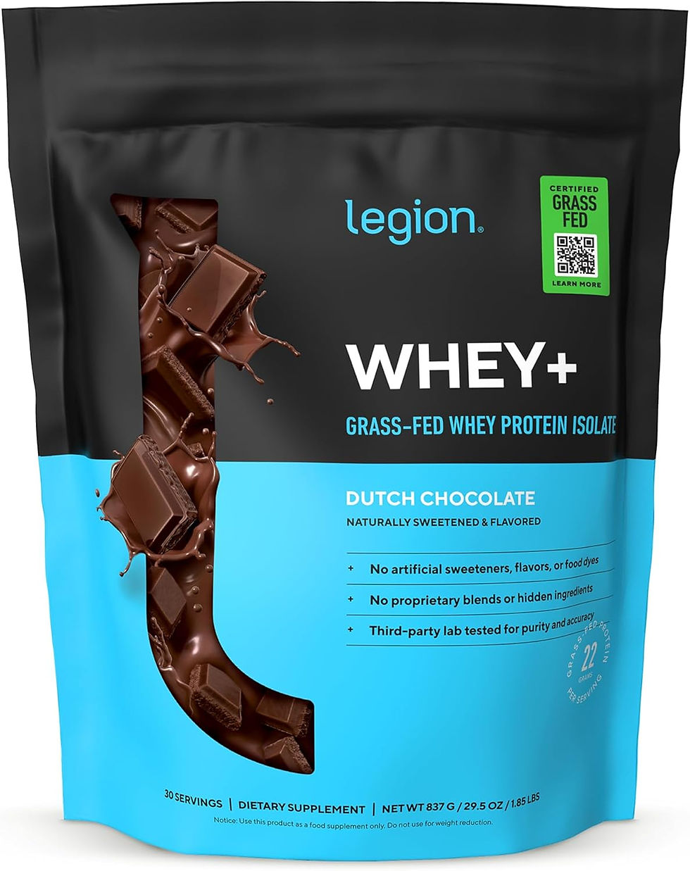 Legion Whey+ Dutch Chocolate grass-fed protein isolate bag