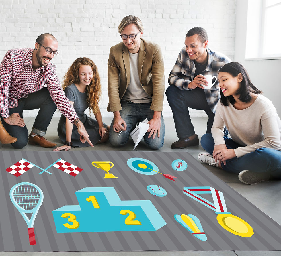 Five diverse people gather around a floor graphic featuring sports icons and a winner's podium, illustrating efforts to "Cultivate Stakeholder Relationships".