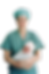 A woman in teal scrubs and a matching cap gently holds a sleeping newborn baby wrapped in white blankets and wearing a white cap, representing newborn care.
